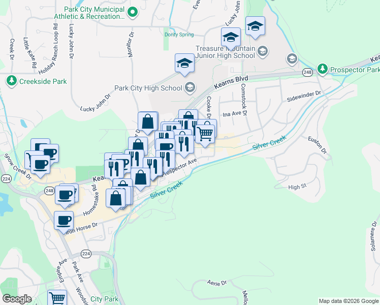 map of restaurants, bars, coffee shops, grocery stores, and more near 1940 Prospector Avenue in Park City