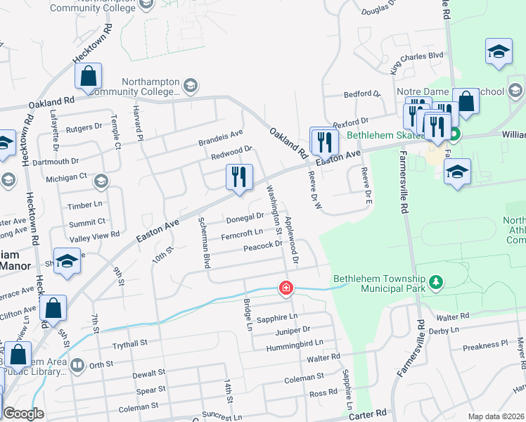 map of restaurants, bars, coffee shops, grocery stores, and more near 4101 Donegal Drive in Bethlehem