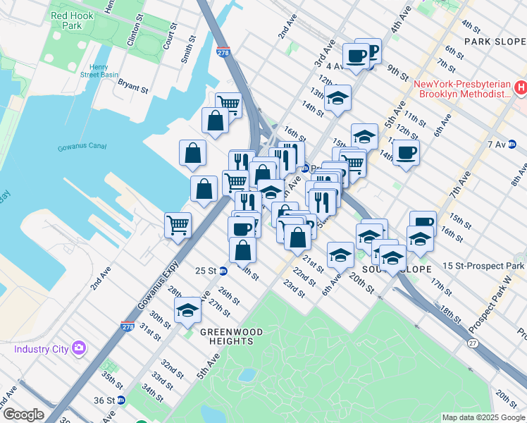 map of restaurants, bars, coffee shops, grocery stores, and more near 676 4th Avenue in Brooklyn