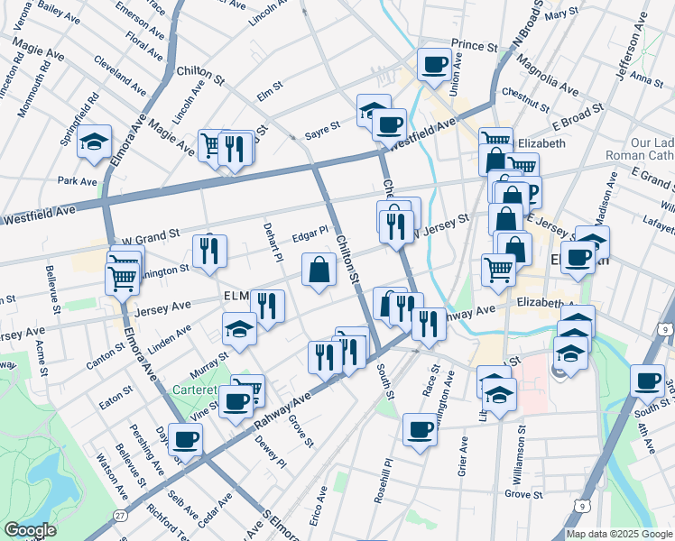 map of restaurants, bars, coffee shops, grocery stores, and more near 220 West Jersey Street in Elizabeth