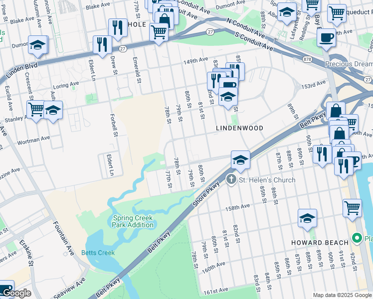map of restaurants, bars, coffee shops, grocery stores, and more near 155-17 79th Street in Queens