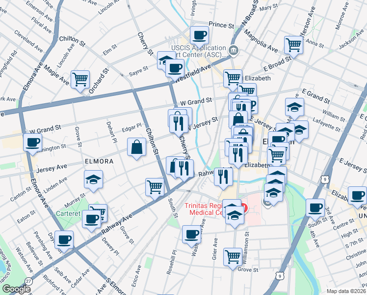 map of restaurants, bars, coffee shops, grocery stores, and more near 58 Cherry Street in Elizabeth
