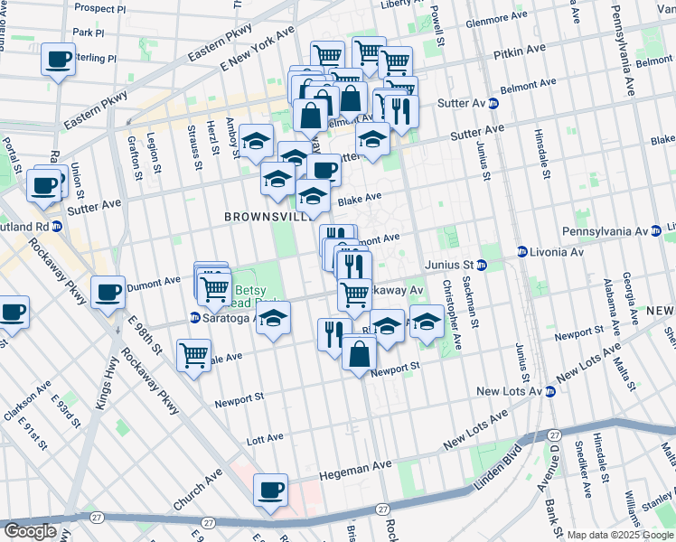 map of restaurants, bars, coffee shops, grocery stores, and more near 682 Rockaway Avenue in Brooklyn