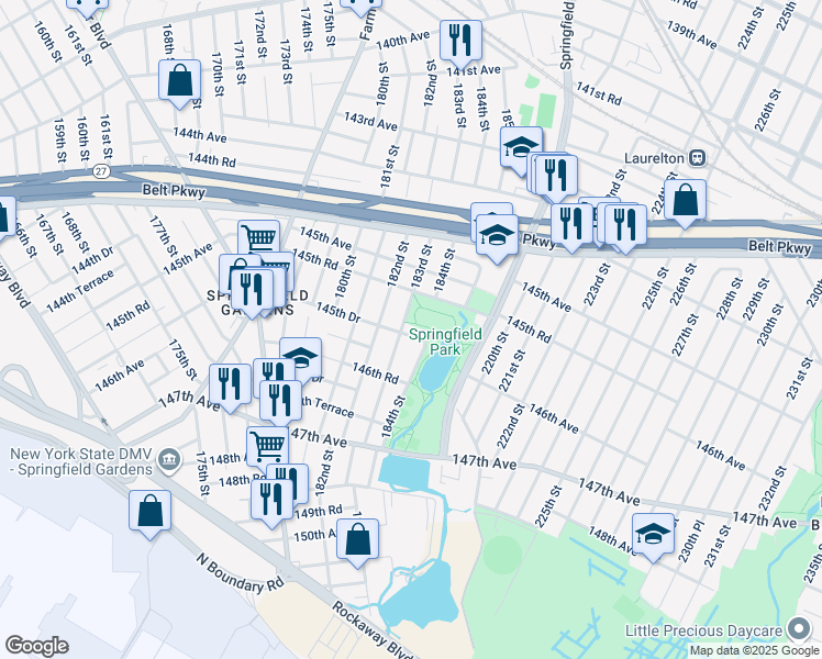 map of restaurants, bars, coffee shops, grocery stores, and more near 183-07 145th Drive in Queens