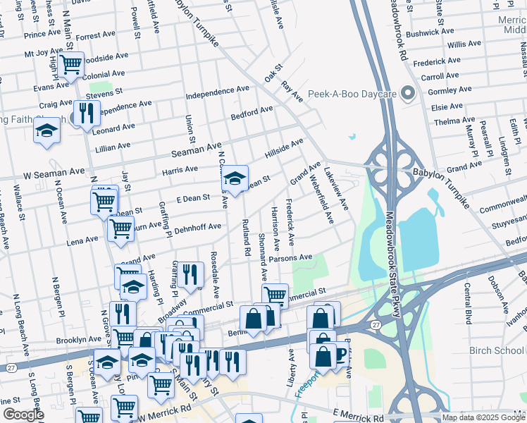 map of restaurants, bars, coffee shops, grocery stores, and more near in Freeport