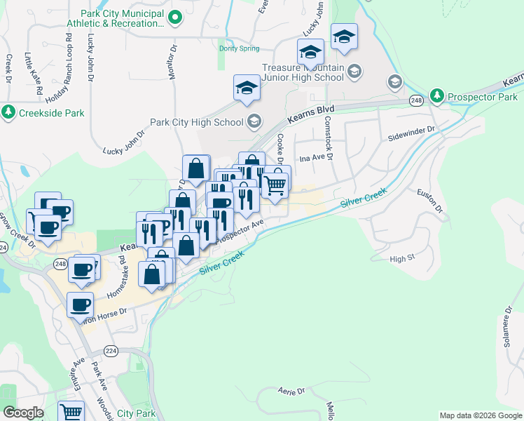 map of restaurants, bars, coffee shops, grocery stores, and more near 1895 Sidewinder Drive in Park City
