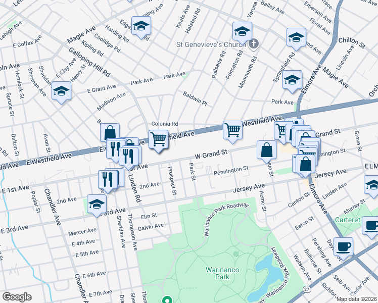 map of restaurants, bars, coffee shops, grocery stores, and more near 977 West Grand Street in Elizabeth