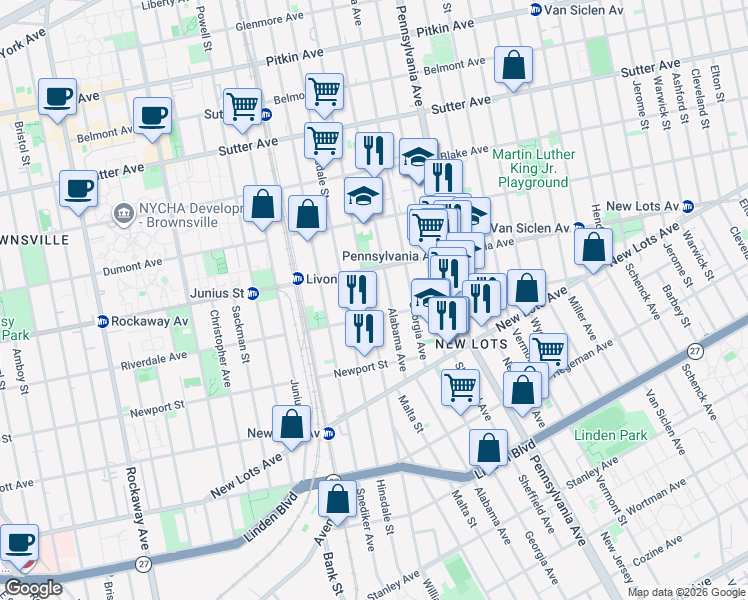 map of restaurants, bars, coffee shops, grocery stores, and more near 503 Williams Avenue in Brooklyn