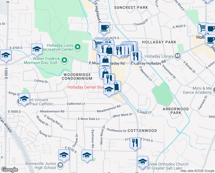 map of restaurants, bars, coffee shops, grocery stores, and more near 4856 South Highland Drive in Holladay