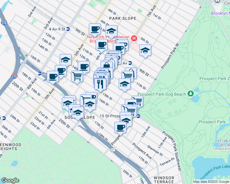 map of restaurants, bars, coffee shops, grocery stores, and more near 417 14th Street in Brooklyn
