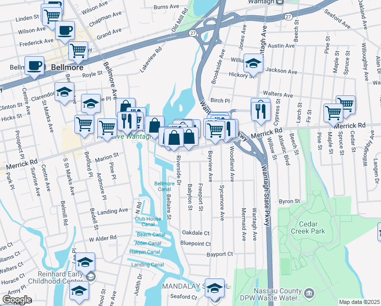 map of restaurants, bars, coffee shops, grocery stores, and more near 2974 Merrick Road in Wantagh