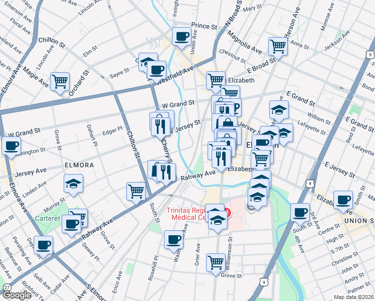 map of restaurants, bars, coffee shops, grocery stores, and more near 57-77 Murray Street in Elizabeth