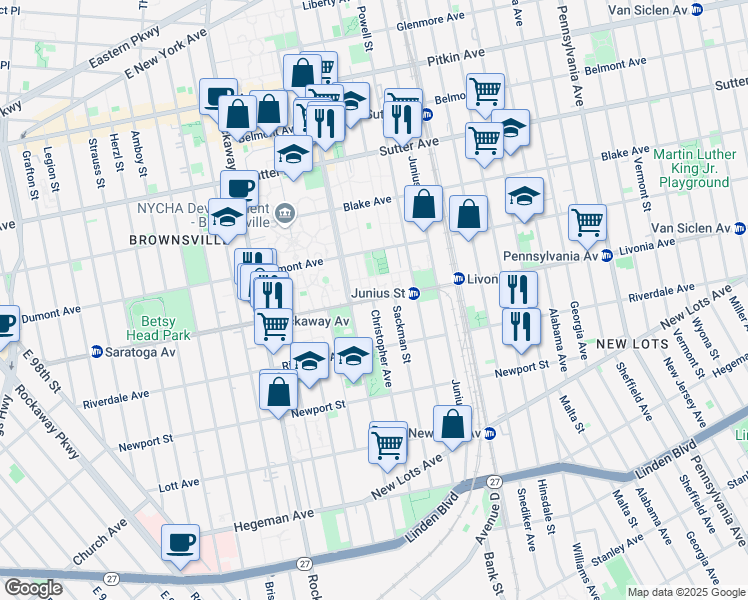map of restaurants, bars, coffee shops, grocery stores, and more near 361 Livonia Avenue in Brooklyn