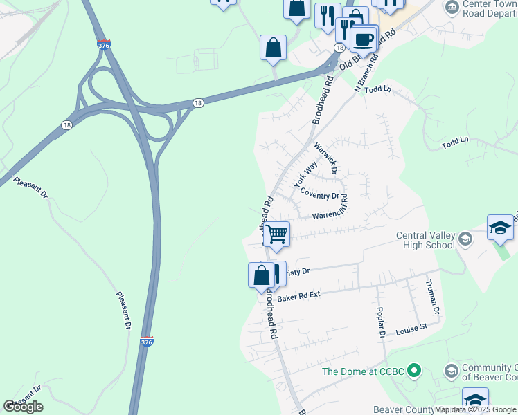 map of restaurants, bars, coffee shops, grocery stores, and more near 3645 Brodhead Road in Monaca