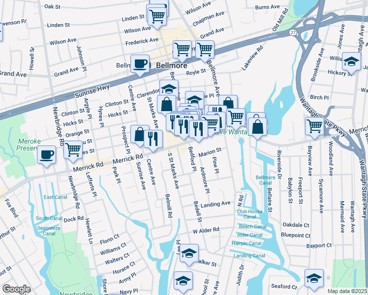 map of restaurants, bars, coffee shops, grocery stores, and more near in Bellmore