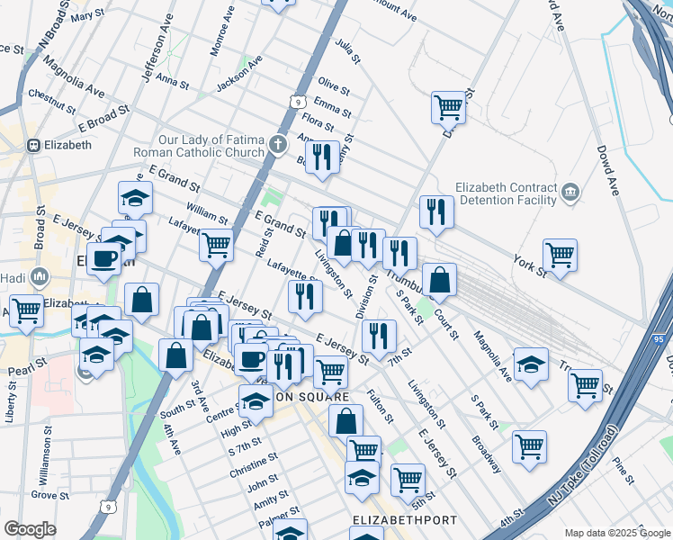 map of restaurants, bars, coffee shops, grocery stores, and more near 856 East Grand Street in Elizabeth