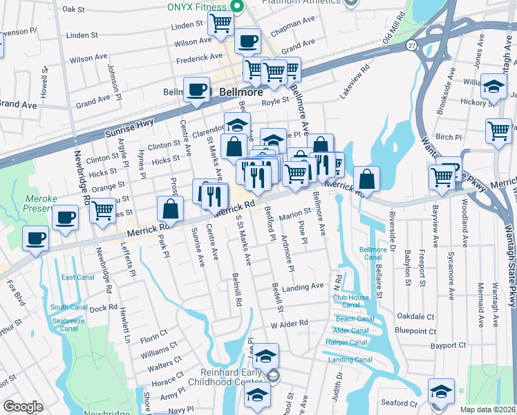 map of restaurants, bars, coffee shops, grocery stores, and more near 2701 Merrick Road in Bellmore