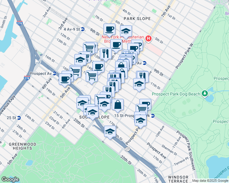 map of restaurants, bars, coffee shops, grocery stores, and more near 7th Ave & 15th St in Brooklyn
