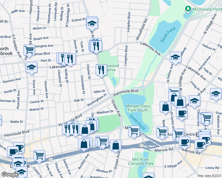 map of restaurants, bars, coffee shops, grocery stores, and more near 125 Ocean Avenue in Lynbrook