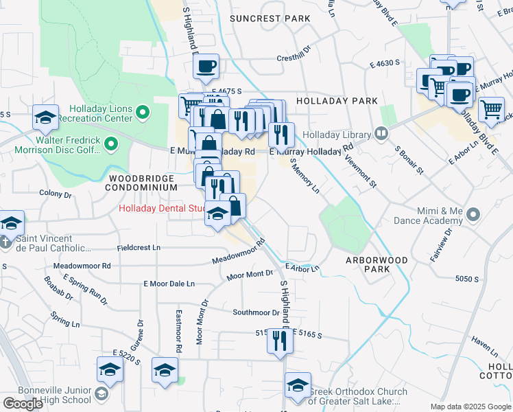 map of restaurants, bars, coffee shops, grocery stores, and more near 1920 East Rodeo Walk Drive in Holladay