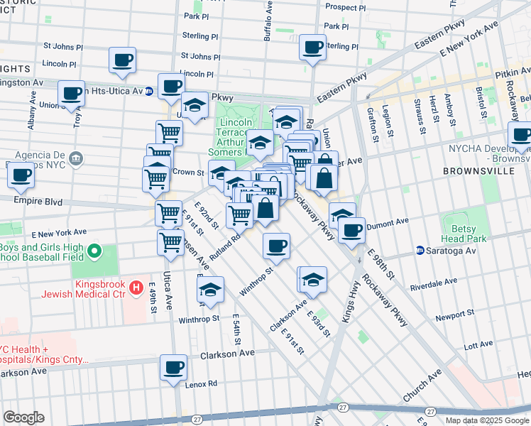 map of restaurants, bars, coffee shops, grocery stores, and more near East 95th Street & Rutland Road in Brooklyn