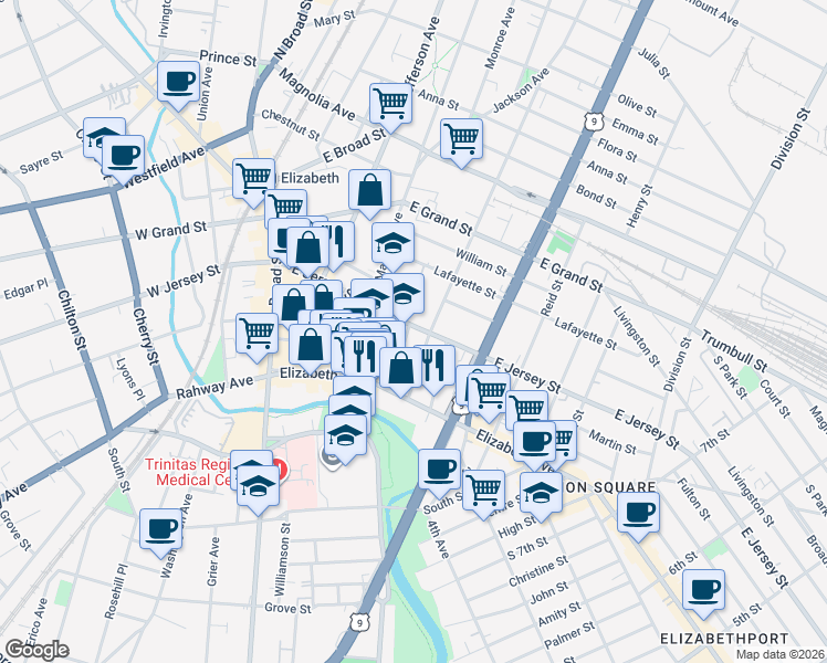 map of restaurants, bars, coffee shops, grocery stores, and more near 35-39 Morrell Street in Elizabeth