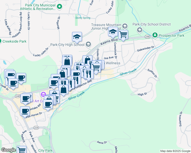 map of restaurants, bars, coffee shops, grocery stores, and more near 2064 Prospector Avenue in Park City