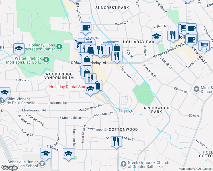 map of restaurants, bars, coffee shops, grocery stores, and more near 1916 East Rodeo Walk Drive in Holladay