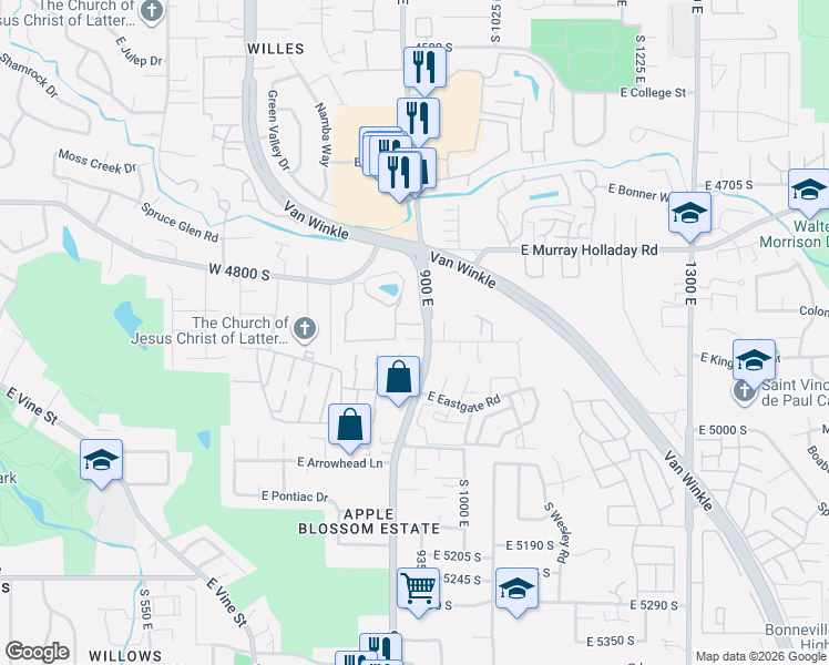 map of restaurants, bars, coffee shops, grocery stores, and more near 4935 South Eastlake Drive in Salt Lake City