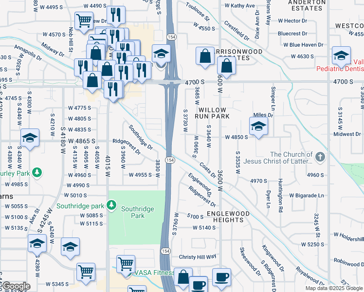 map of restaurants, bars, coffee shops, grocery stores, and more near 3759 4845 South in Taylorsville