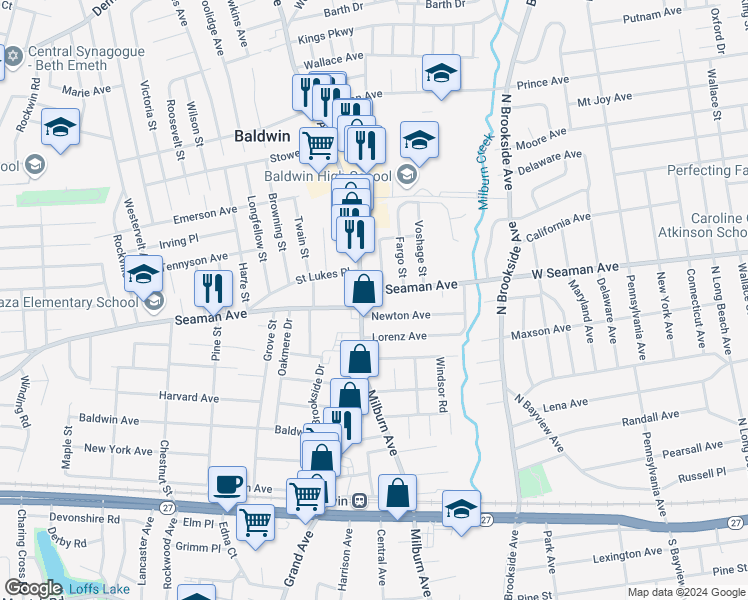 map of restaurants, bars, coffee shops, grocery stores, and more near 854 West Seaman Avenue in Baldwin