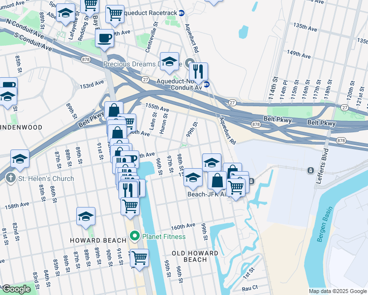 map of restaurants, bars, coffee shops, grocery stores, and more near 97-20 156th Avenue in Queens