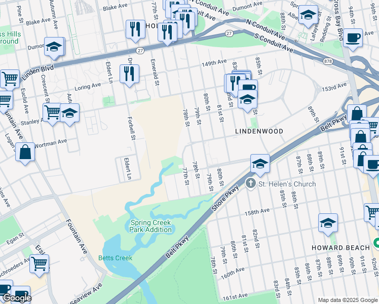 map of restaurants, bars, coffee shops, grocery stores, and more near 15511 78th Street in Queens
