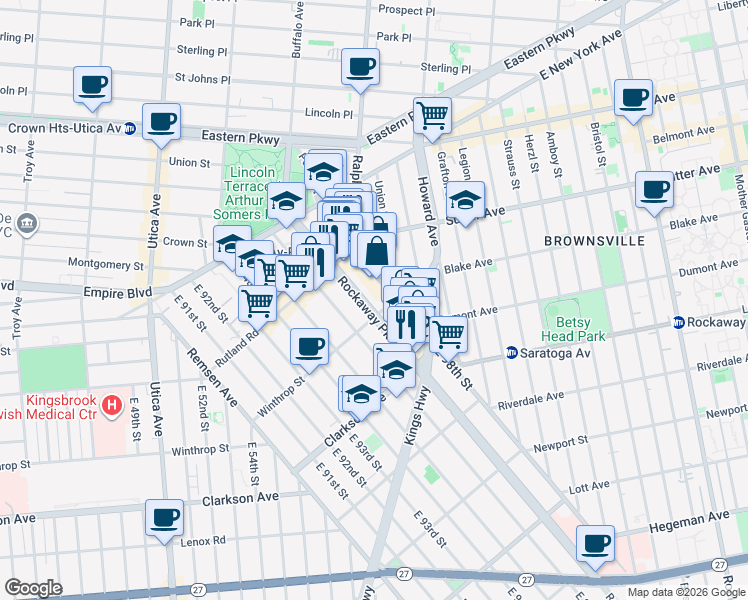 map of restaurants, bars, coffee shops, grocery stores, and more near 146 Winthrop Street in Brooklyn