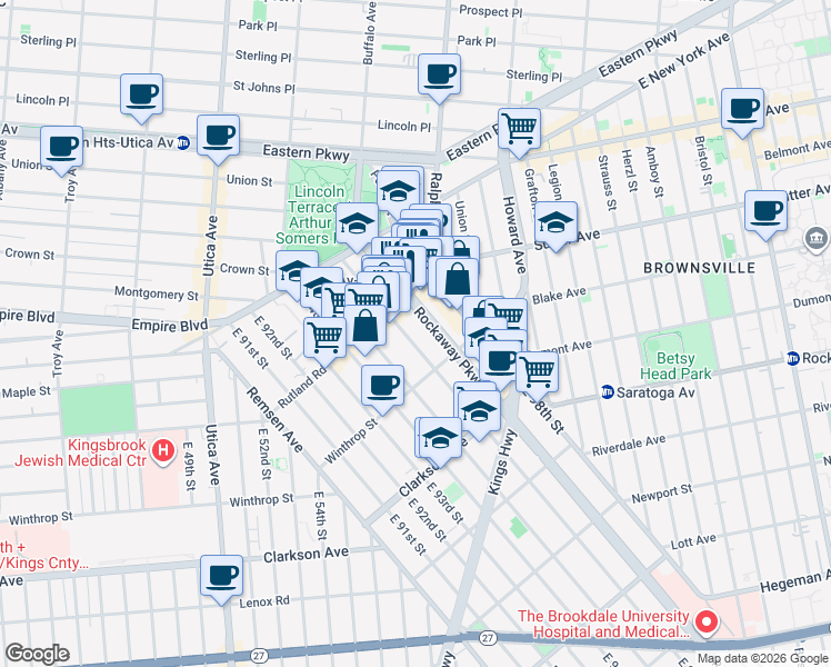 map of restaurants, bars, coffee shops, grocery stores, and more near 118 Rockaway Parkway in Brooklyn