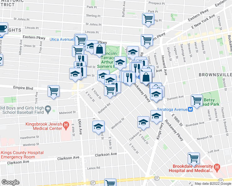 map of restaurants, bars, coffee shops, grocery stores, and more near 80 East 95th Street in Brooklyn