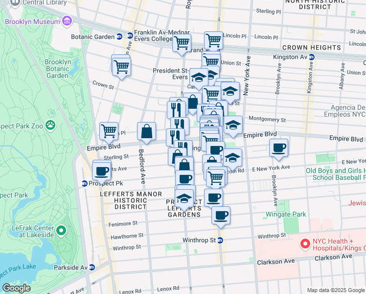 map of restaurants, bars, coffee shops, grocery stores, and more near 270 Empire Boulevard in Brooklyn