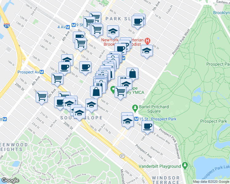 map of restaurants, bars, coffee shops, grocery stores, and more near 403 14th Street in Brooklyn