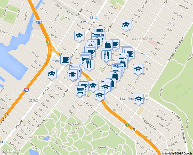 map of restaurants, bars, coffee shops, grocery stores, and more near 581 6th Avenue in Brooklyn