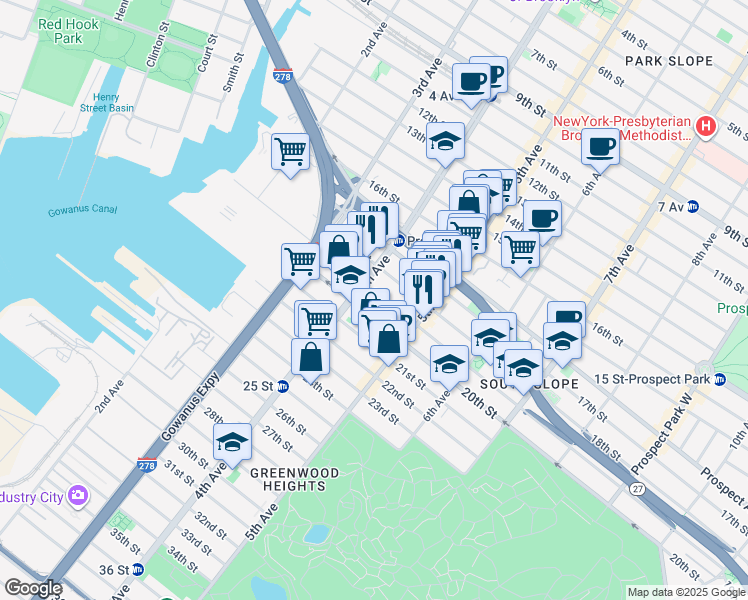 map of restaurants, bars, coffee shops, grocery stores, and more near 189 19th Street in Brooklyn