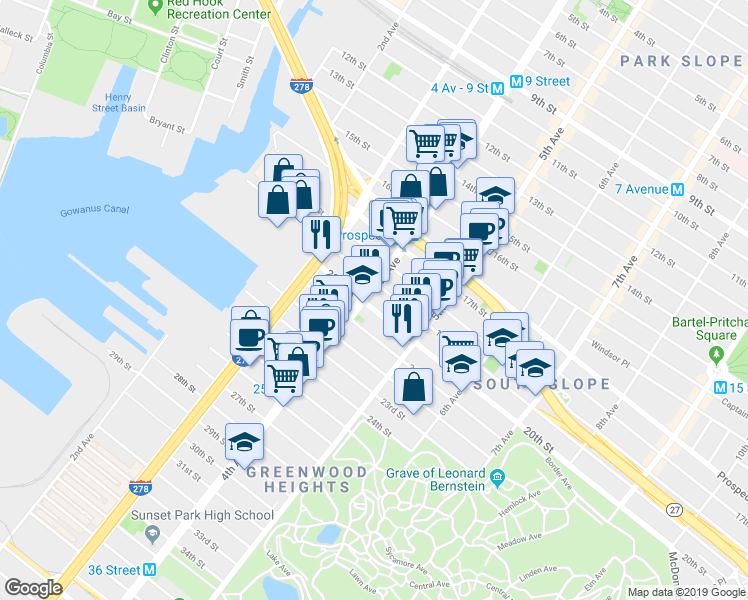 map of restaurants, bars, coffee shops, grocery stores, and more near 666 4th Avenue in Brooklyn