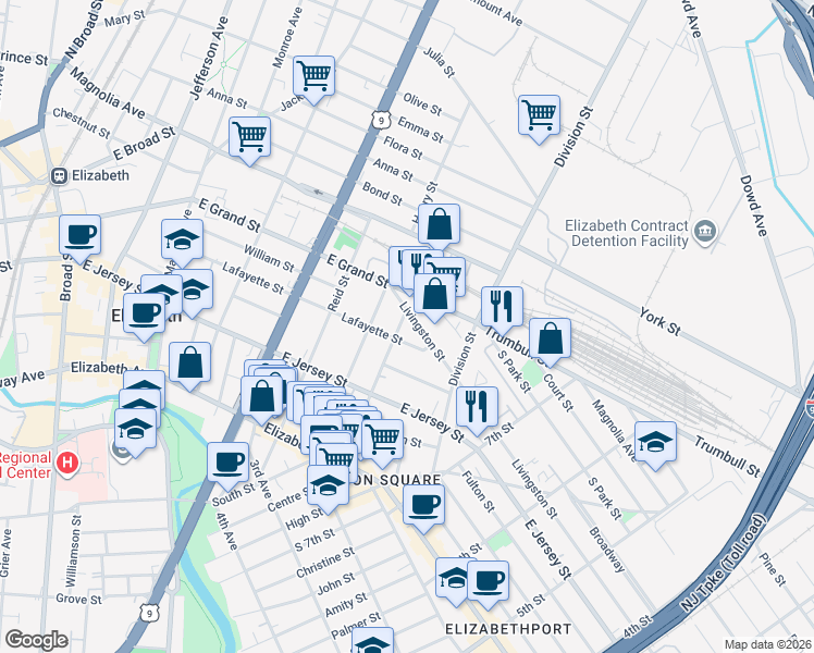 map of restaurants, bars, coffee shops, grocery stores, and more near 160 Smith Street in Elizabeth