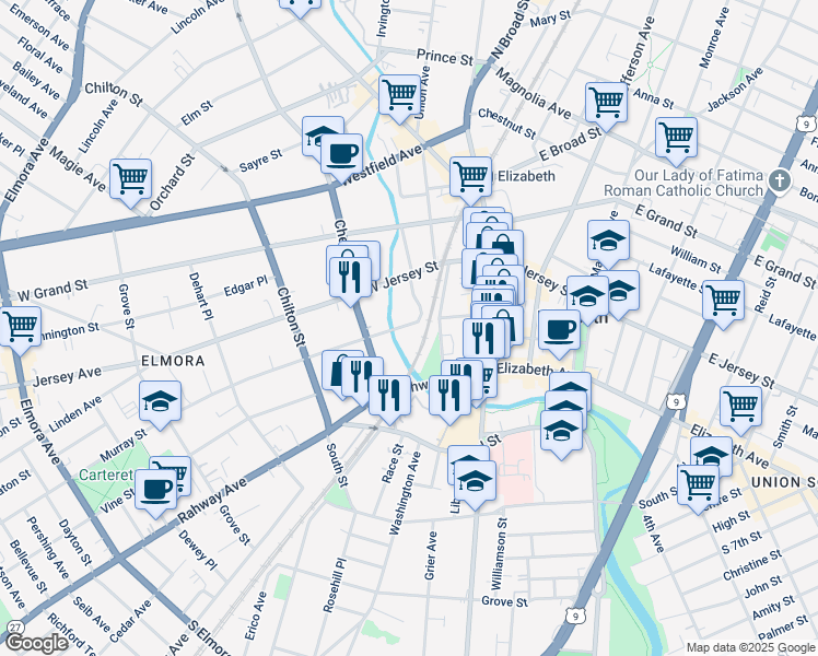 map of restaurants, bars, coffee shops, grocery stores, and more near 57-77 Murray Street in Elizabeth