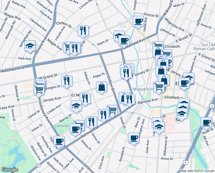 map of restaurants, bars, coffee shops, grocery stores, and more near 201-211 West Jersey Street in Elizabeth