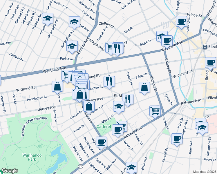 map of restaurants, bars, coffee shops, grocery stores, and more near 140 Grove Street in Elizabeth