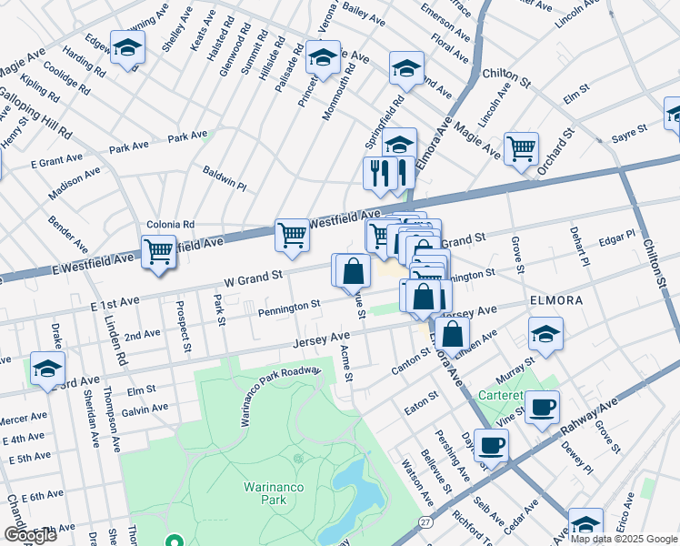 map of restaurants, bars, coffee shops, grocery stores, and more near 826 West Grand Street in Elizabeth