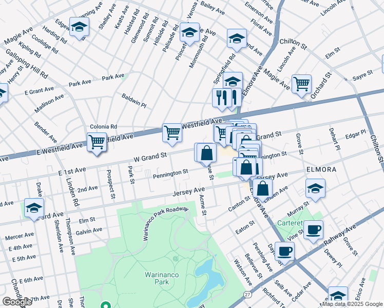 map of restaurants, bars, coffee shops, grocery stores, and more near 826 West Grand Street in Elizabeth