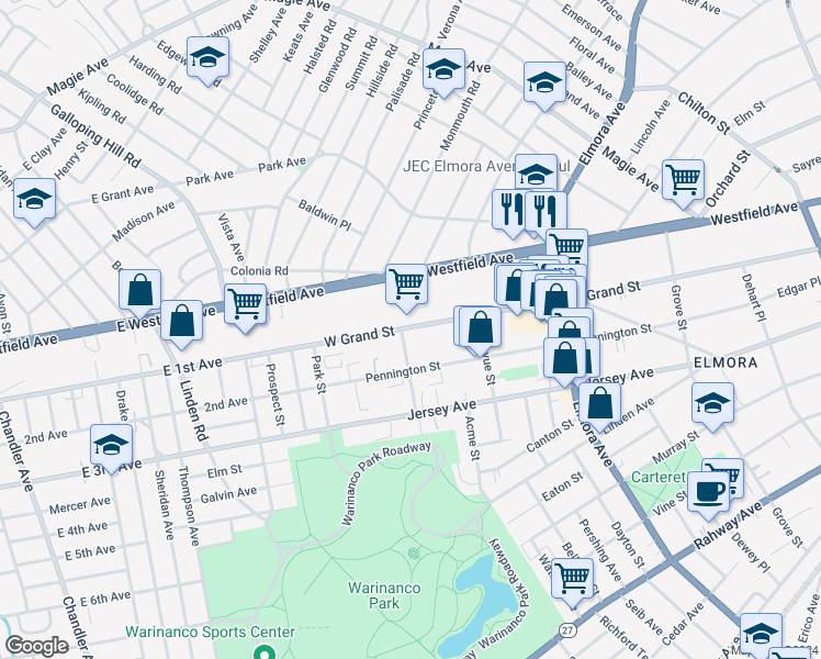 map of restaurants, bars, coffee shops, grocery stores, and more near 865 West Grand Street in Elizabeth