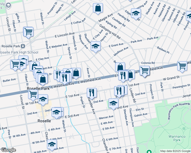 map of restaurants, bars, coffee shops, grocery stores, and more near 113 Magie Avenue in Roselle Park