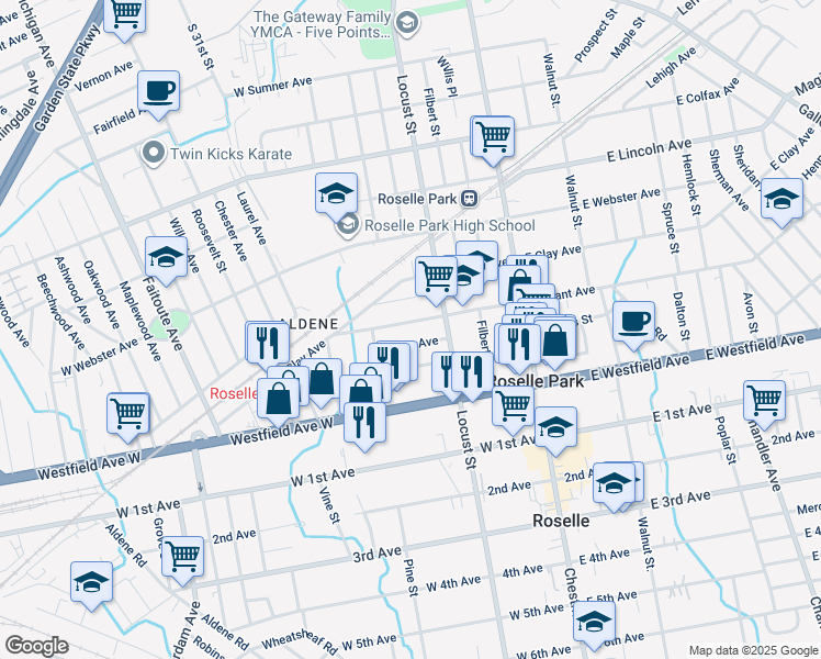 map of restaurants, bars, coffee shops, grocery stores, and more near 141 West Grant Avenue in Roselle Park